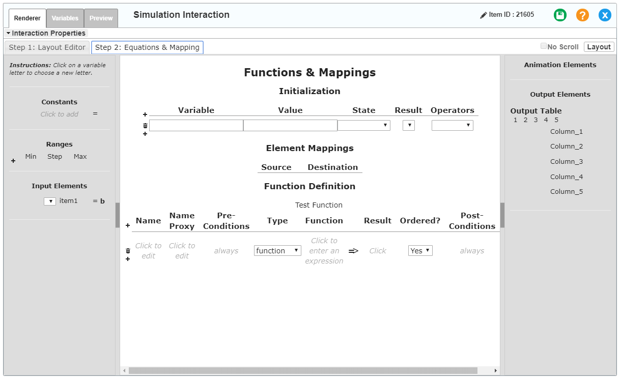Simulation interaction editor window: Renderer tab: Equations &amp; Mapping sub-tab